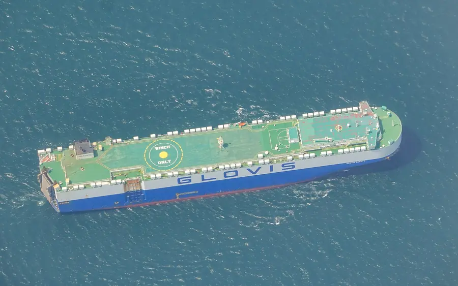 Car-carrier ship off the Chennai coast loading vehicles for export