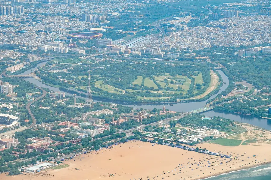 Aerial view of Chennai's Marina coastline and city